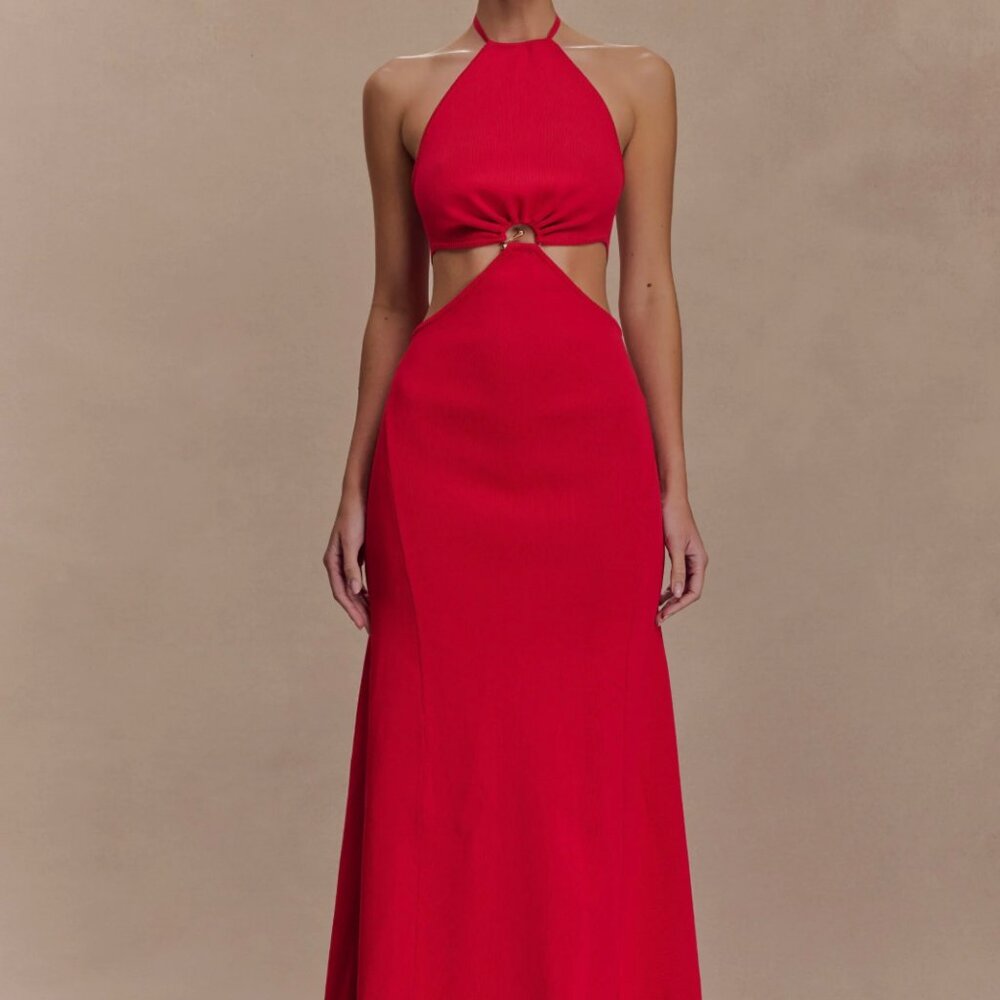 Meshki Marlowe Halter Knit Maxi Dress - Red